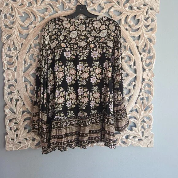 American Eagle Top Floral Lace Up Bell Sleeve Peasant Cottage Boho Womens Large - Picture 5 of 10